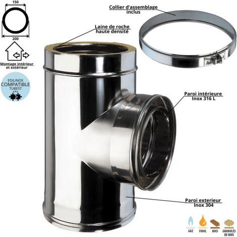 Edilinox – Té 90 degrés conduit double paroi isolé – Inox 304/316 – Isolation 25mm laine de roche – Diamètre 150mm pour évacuation optimale