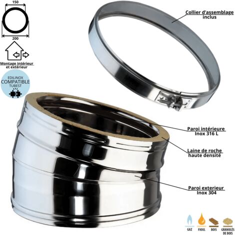 Coude 15 degrés conduit double paroi isolé Edilinox Diamètre 150 (1/4)