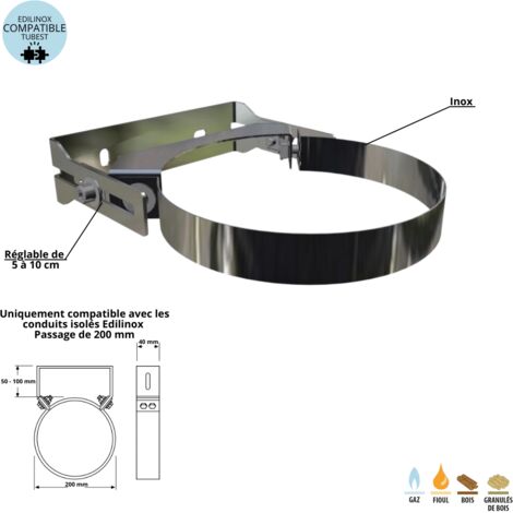 Collier mural inox conduit double paroi isolé 150mm – Inox 304/316 – Isolation laine de roche 25mm – Pour conduits Edilinox et Tubest