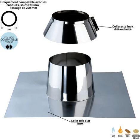 Solin toit plat inox conduit double paroi isolé – Isolation 25mm laine de roche – Diamètre 150mm – Compatible Edilinox et Tubest