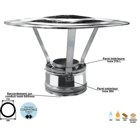 Edilinox – Chapeau pare pluie conduit double paroi isolé 150mm – Inox 304 extérieur – Isolation 25mm laine de roche haute densité