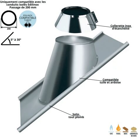 Edilinox – Solin de toit plomb 5 à 30° pour conduit double paroi isolé – 100 % étanche – Compatible tuile et ardoise – Diamètre 150
