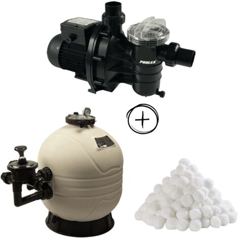 Poolex – Pack filtration piscine – Filtre à sable MFS 154 m³/h – Pompe TonicLine 0,5 CV pour piscines jusqu’à 30 m³ – Balles filtrantes Optimax (1/5)
