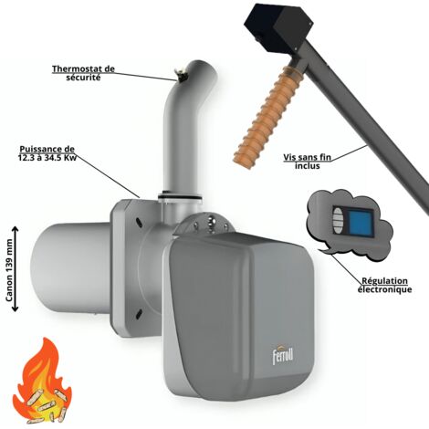 Ferroli – Brûleur à granulés 12,3 à 34,5 kW – Installation facile avec vis sans fin 1,50 m – Mode modulant 5 niveaux – Système d'allumage automatique
