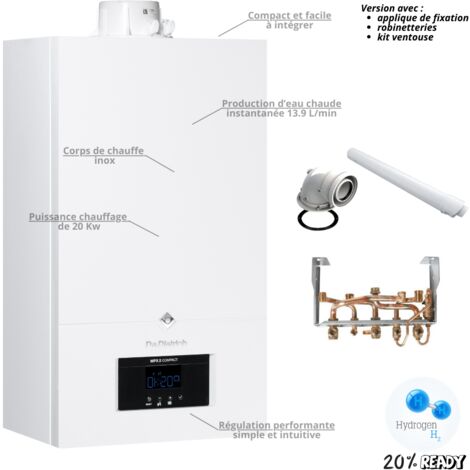 De Dietrich – Chaudière gaz à condensation 20 kW – Débit eau chaude 13,9 L/min – Corps inox et tubes cuivre – Compatible gaz vert et hydrogène