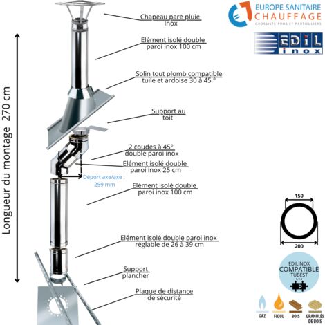 Edilinox – Kit conduit double paroi isolé sortie toiture – Dévoiement 25.9 cm – Longueur 270 cm – Inox 316/304 – Isolation 25 mm laine de roche - Ediliso25
