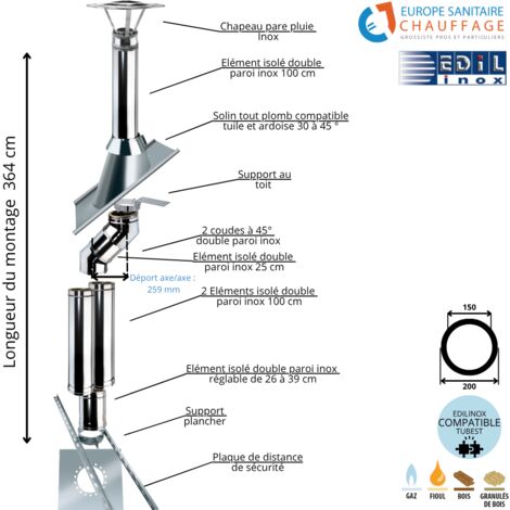 Kit conduit double paroi isolé dévoiement sortie toiture Ediliso25 Edilinox Diamètre 150 Version Déport : 25.9 cm Longueur 364 cm (1/5)