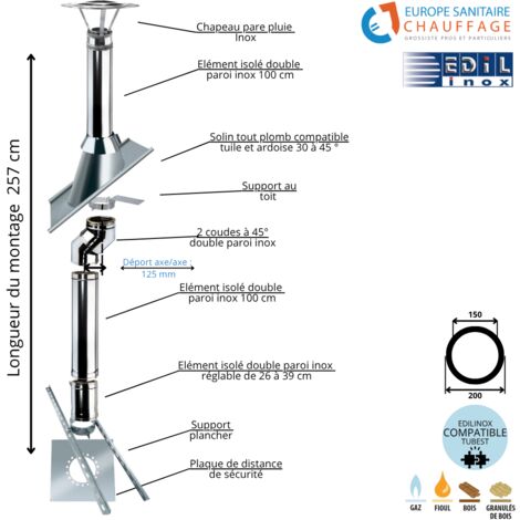 Kit conduit double paroi isolé dévoiement sortie toiture Ediliso25 Edilinox Diamètre 150 Version Déport : 12.5 cm Longueur 257 cm