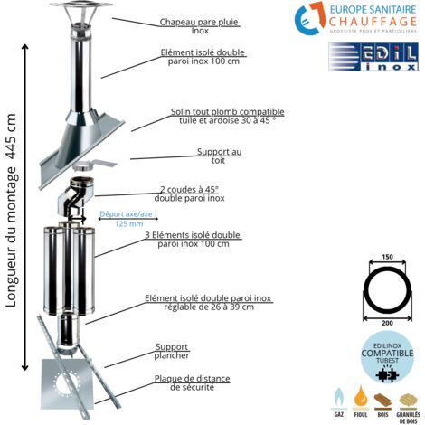 Kit conduit double paroi isolé dévoiement sortie toiture Ediliso25 Edilinox Diamètre 150 Version Déport : 12.5 cm Longueur 445 cm