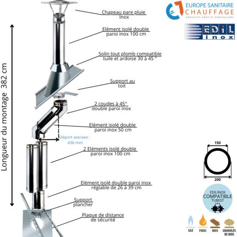 Kit conduit double paroi isolé dévoiement sortie toiture Ediliso25 Edilinox Diamètre 150 Version Déport : 43.6 cm Longueur 382 cm