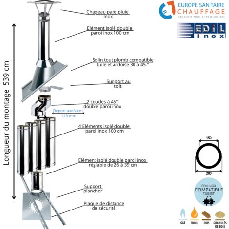 Edilinox – Kit conduit double paroi isolé pour évacuation de fumées – Longueur 539 cm – Déport 12.5 cm – Inox 316 et 304 – Température maximale T600 - Ediliso25