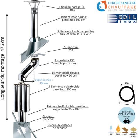 Kit conduit double paroi isolé dévoiement sortie toiture Ediliso25 Edilinox Diamètre 150 Version Déport : 43.6 cm Longueur 476 cm