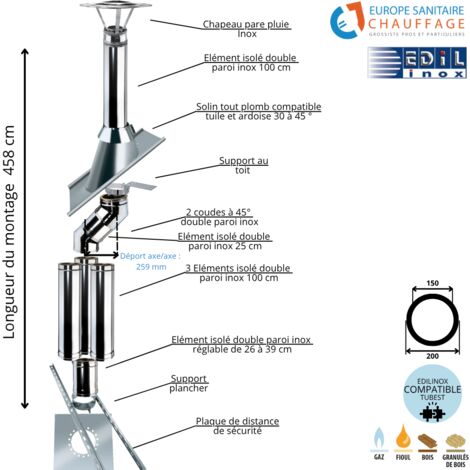 Kit conduit double paroi isolé dévoiement sortie toiture Ediliso25 Edilinox Diamètre 150 Version Déport : 25.9 cm Longueur 458 cm (1/5)