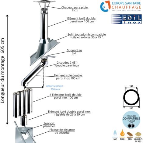 Kit conduit double paroi isolé dévoiement sortie toiture Ediliso25 Edilinox Diamètre 150 Version Déport : 79 cm Longueur 605 cm (1/5)