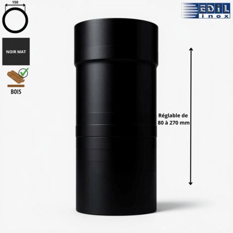 Edilinox – Élément droit réglable 80 à 270 mm – Émaillé noir mat – Diamètre 150 mm – Résistant à la corrosion et aux hautes températures