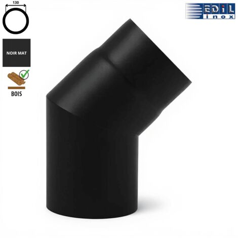 Edilinox – Coude 45° émaillé noir mat – Diamètre 130 mm – Épaisseur 0,6 mm – Résistant à la corrosion – Conforme aux normes DTU 24.1 et 24.2