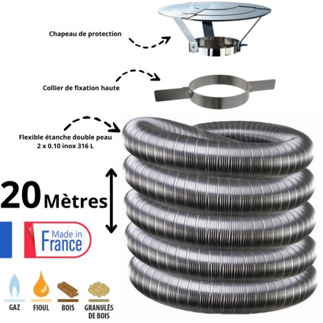 Kit tubage flexible double peau inox diamètre 150 + collier + chapeau Edilinox Longueur du conduit 20 mètres
