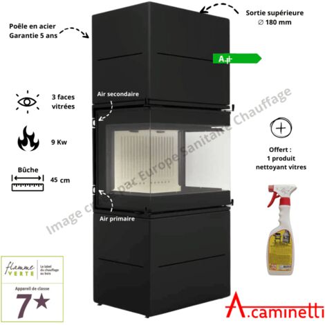 A Caminetti – Poêle à bois 3 faces relevables noir – Puissance 9 kW – Rendement 83% – Longueur max bûches 45 cm – Sortie de fumée Ø180 mm (1/4)