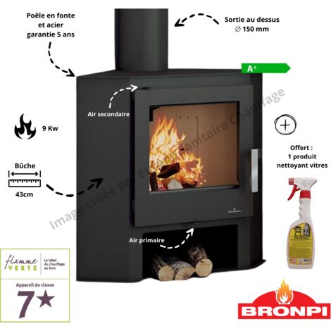 Bronpi – Poêle à bois d'angle 9 kW – Rendement 80 % – Longueur de bûches 43 cm – Sortie fumées 150 mm – Flamme Verte 7 étoiles (1/5)
