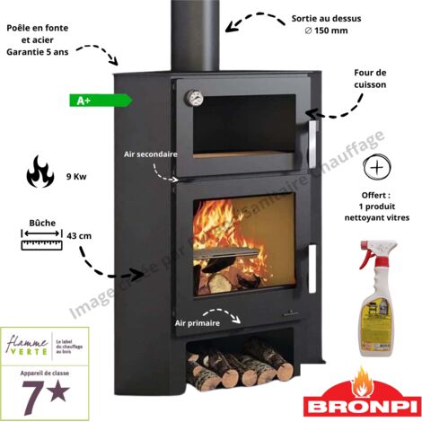 Bronpi – Poêle à bois d'angle 9 kW – Système double combustion – Évacuation fumées 150 mm – Certifié Flamme Verte 7 étoiles (1/5)
