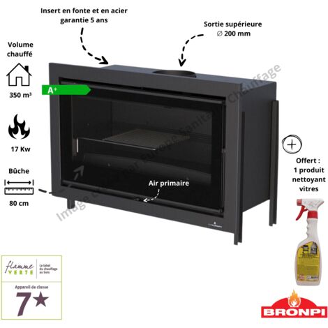 Bronpi – Insert cheminée à bois frontal 15 kW – Rendement 81 % – Volume chauffé 375 m³ – Acier gris anthracite – Porte en fonte vitrocéramique (1/5)
