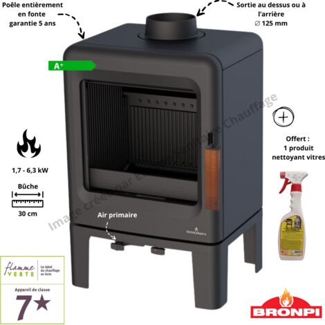Bronpi – Poêle à bois en fonte 5 kW – Rendement 81% – Longueur bûche 30 cm – Sortie fumée 125 mm – Modèle étanche avec triple combustion (1/4)