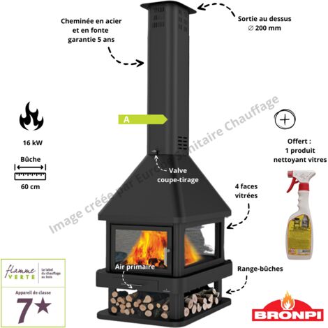 Cheminée 4 faces centrale à bois HUELVA 16 kW Bronpi