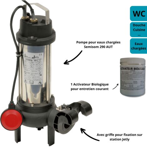 Jetly – Pompe de relevage submersible 490 M-AUT – Eaux chargées – Flotteur automatique – Passage de particules jusqu'à 40 mm – Corps en fonte durable