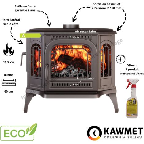 Poêle à bois en fonte 10.5 kW – Capacité de chauffage 105 m² – Rendement 73.5 % – Sortie de fumée 150 mm – Verre Robax résistant 800 °C