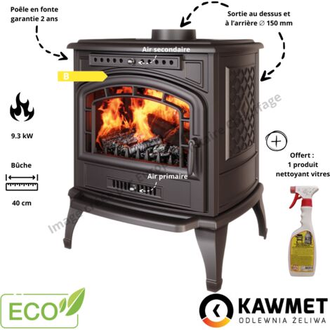 Poêle à bois en fonte 9.3 kW – Rendement 65,9 % – Longueur bûche 40 cm – Sortie fumée diamètre 150 mm – Pour surface jusqu'à 93 m²