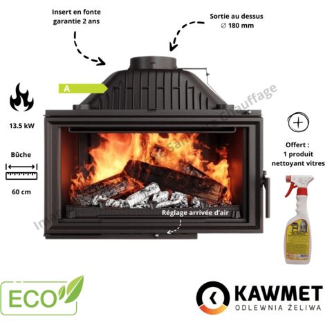Insert cheminée à bois fonte 13,5 kW – Raccordement 180 mm – Compatible avec foyers – Pour grands volumes jusqu'à 135 m²