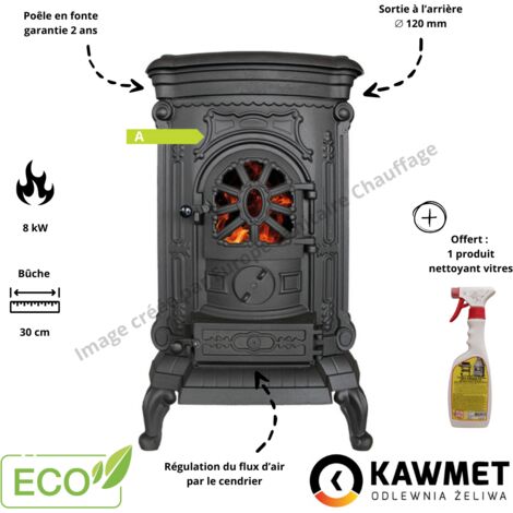 Poêle à bois en fonte 8 kW – Rendement 78.1% – Longueur de bûches 30 cm – Évacuation fumées 120 mm – Pour espaces jusqu'à 80 m²
