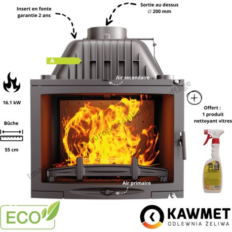 Insert cheminée à bois en fonte 16.1 kW – Double combustion – Vitre panoramique – Pour bois dur jusqu'à 20% d'humidité – Sortie de fumée 200 mm