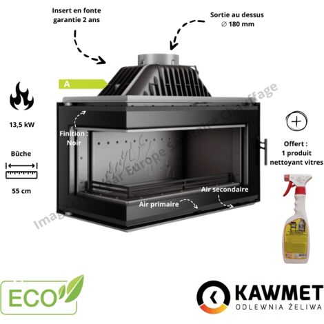 Insert cheminée à bois d'angle vitre gauche 13,5 kW – Foyer en fonte – Surface de chauffage jusqu'à 135 m² – Entrée d'air extérieure intégrée