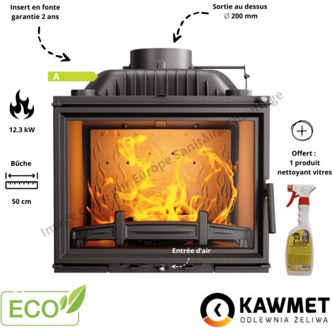 Insert cheminée à bois en fonte 12,3 kW – Rendement supérieur à 70 % – Compatible avec air extérieur – Installation simple