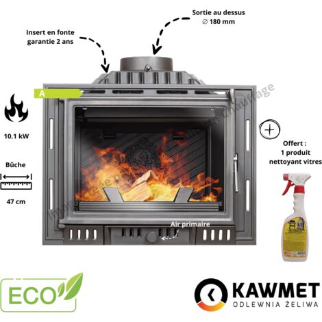 Insert cheminée à bois en fonte 10.1 kW – Puissance 10.1 kW – Dimensions 515x685x380 mm – Sortie de fumée 180 mm par le dessus