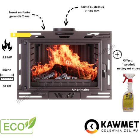 Insert cheminée à bois en fonte 9.8 kW – Rendement 66% – Dimensions 490x680x405 mm – Sortie de fumée 180 mm – Capacité 245 m³