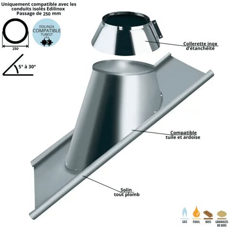 Edilinox – Solin de toit en plomb souple 5 à 30° – Conduit double paroi isolé 200 mm – Compatible tuile et ardoise – Étanchéité durable