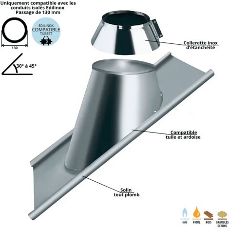 Edilinox – Solin de toit plomb 30 à 45° pour conduit double paroi isolé – Diamètre 80 mm – 100 % étanche et durable