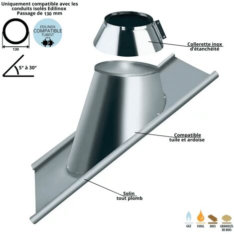 Edilinox – Solin de toit en plomb souple 5 à 30° – Conduit double paroi isolé 80 mm – Étanchéité durable pour toiture en tuile ou ardoise
