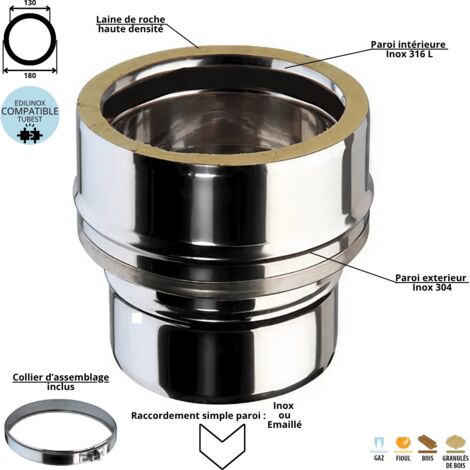 Edilinox – Raccord double/simple paroi conduit double paroi isolé 130 mm – Inox 304 extérieur – Isolation laine de roche 25 mm – Installation sécurisée
