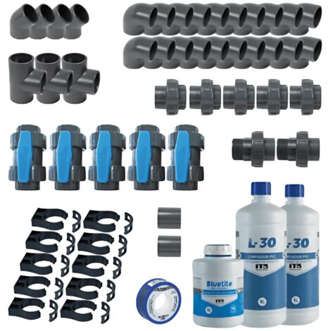 Kit plomberie 50 mm pour piscine – 20 coudes PVC pression 90° – 4 coudes PVC pression 45° – 3 tés PVC pression – 10 colliers de fixation