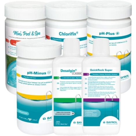 Pack produits Bayrol Piscine hors-sol : 5 fonctions 1kg, Choc 1kg, pH plus 1kg, pH minus 1,5kg, Anti-algues 1L, Floculation 1L