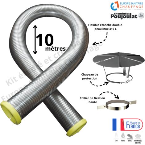 Kit tubage flexible double peau inox diamètre 180 + collier de fixation haute + chapeau Poujoulat Longueur du conduit 10 mètres
