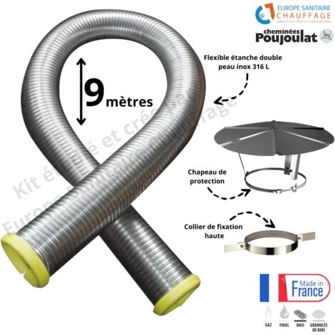 Kit tubage flexible double peau inox diamètre 150 + collier de fixation haute + chapeau Poujoulat Longueur du conduit 9 mètres