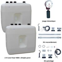 Roth – Pack de 2 cuves à fioul 1000 L – Polyéthylène imputrescible – Kit de raccordement n°5 pour jumelage – Jauge mécanique verticale