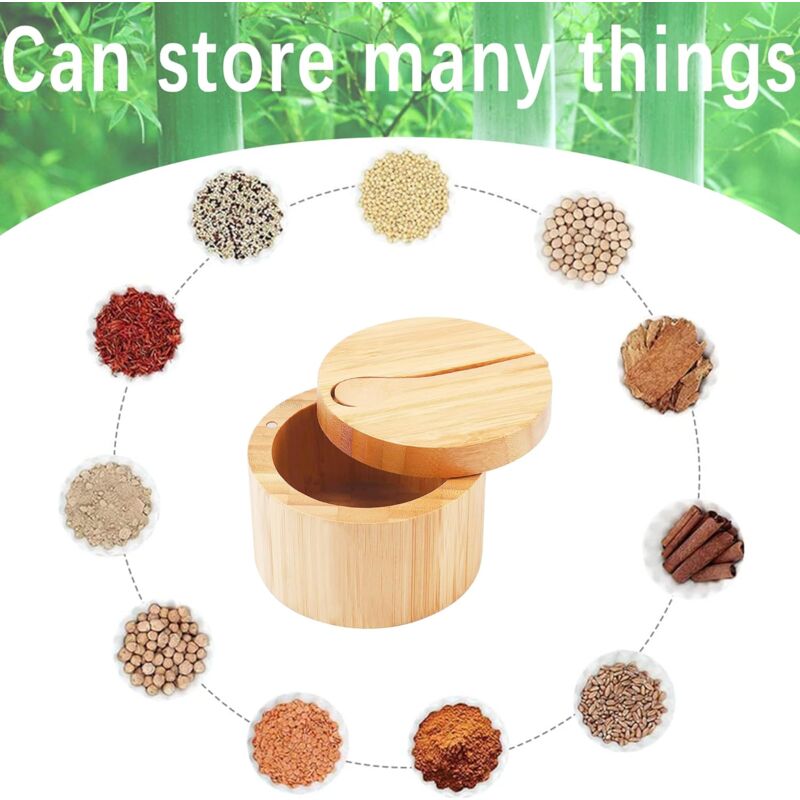 Lot De 2 Boîtes à Sel En Bambou Naturel Avec Couvercle Magnétique Pivotant 360° + 6 Cuillères En Bois - 6 Oz - Rangement Élégant Pour Épices Et Sel Maldon