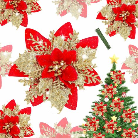 Fleurs Artificielles Decoration Noel, 12 Pcs Fleurs De Noël Clignotant Poinsettia Artificiel Avec Clips Tiges Pour Sapin De Noël, DIY Guirlande Fête