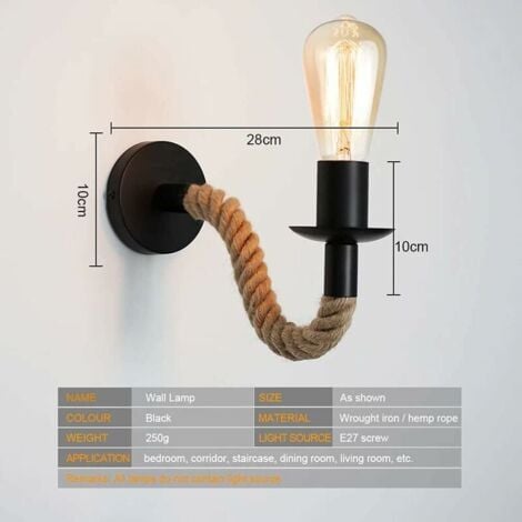 Applique murale Vintage en corde de chanvre ,Applique murale industrielle idéal , E27 luminaire,Ampoule non incluse,110/220V (Noir),DOLASO