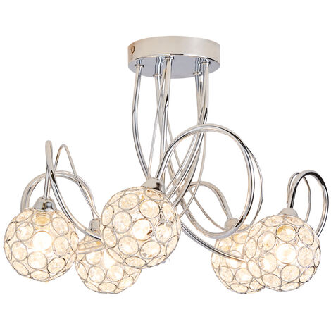 Litecraft Gem Ball 5 Light Crystal Effect Ball Flush Ceiling Light G9 - Chrome